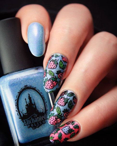 Wonderful Vibrant Blue Pink Strawberry Nail Design For Girls