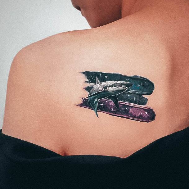 Wondrous Girly Tattoo For Woman Shark Outer Space Themed Shoulder Back