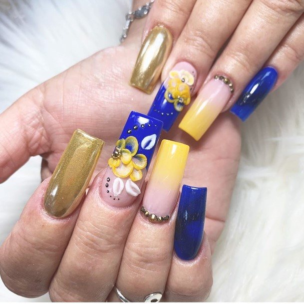 Wondrous Ladies Blue And Yellow Nails