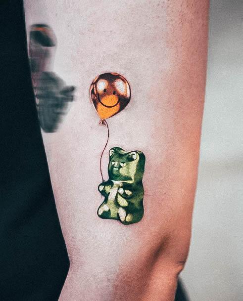 Wondrous Ladies Gummy Bear Tattoos Holding Gold Ballon Arm