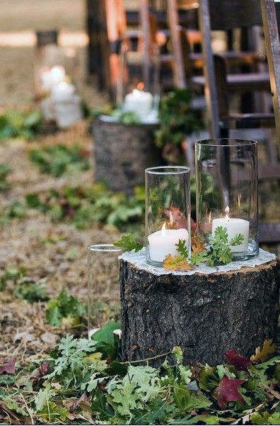 Wood Log With Candles And Fall Leaves Aisle Decor Rustic Wedding Ideas