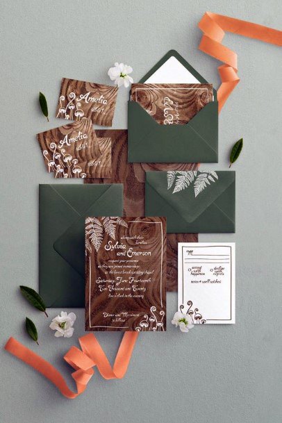 Wood Tone Invitation Suite With Green Envelopes Rustic Wedding Ideas