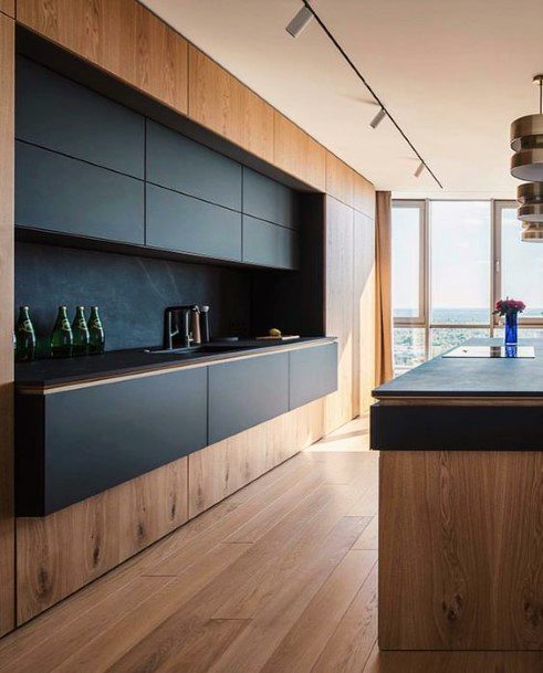 Wood With Navy Cabinets Modern Kitchen Ideas