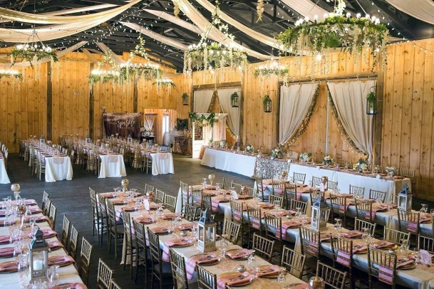 Wooden Barn With Greenery Chandeliers Rustic Wedding Ideas