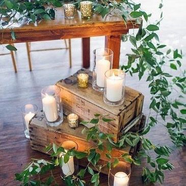 Wooden Box Candle Stands And Greenery Garland Decor Rustic Wedding Ideas