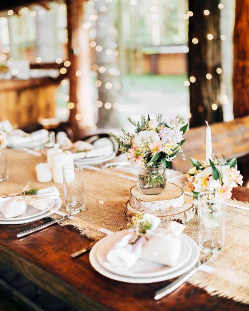 Wooden Dining Table And Burlap Place Mats Wedding Decor