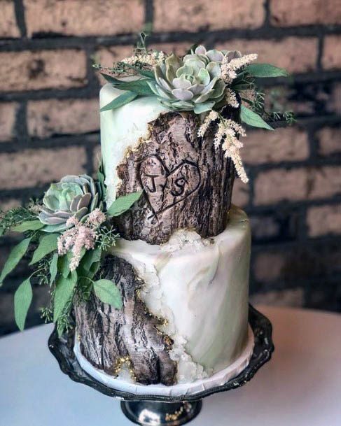 Wooden Log Cake With Rusic Flowers Wedding Idea