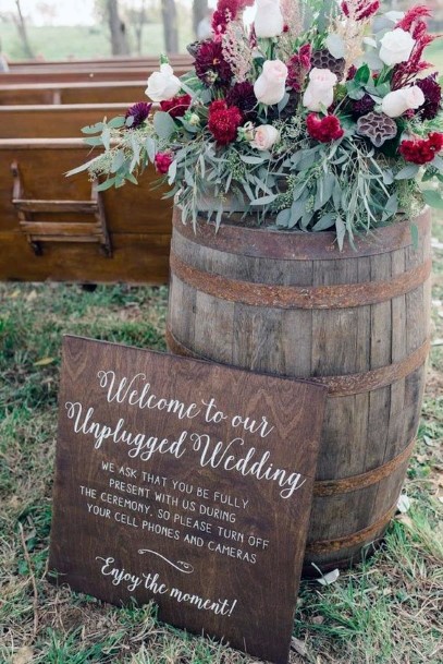 Wooden Signs And Wine Barrel Decorations Rustic Wedding Ideas