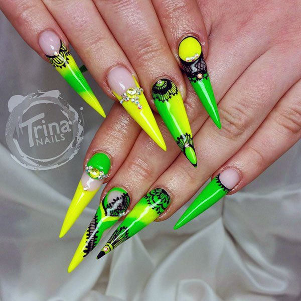 Yellow And Lime Green Stiletto Nails