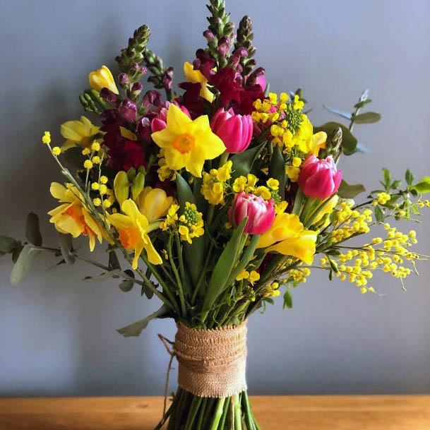 Yellow And Purple Spring Wedding Flowers