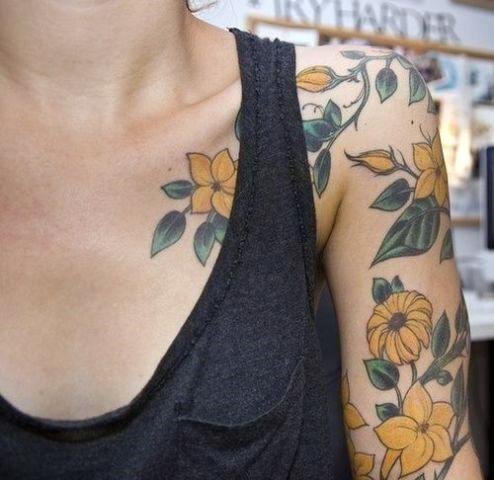 Yellow Blossoms Tattoo Womens Half Sleeve