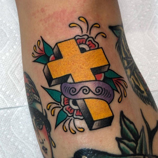 Yellow Colored Large Cross Tattoo Women