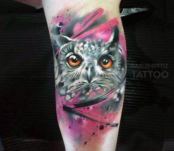 Yellow Eyed Owl Pink Water Color Tattoo Womens Arms