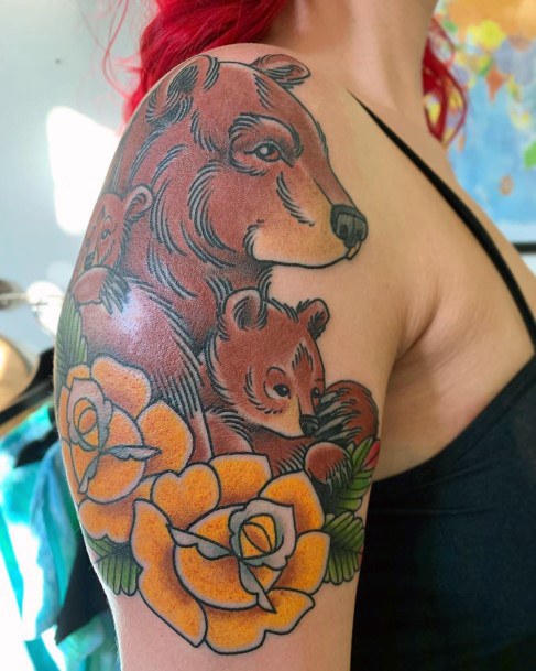 Yellow Flowers And Bear With Baby Tattoo For Women Arms Art