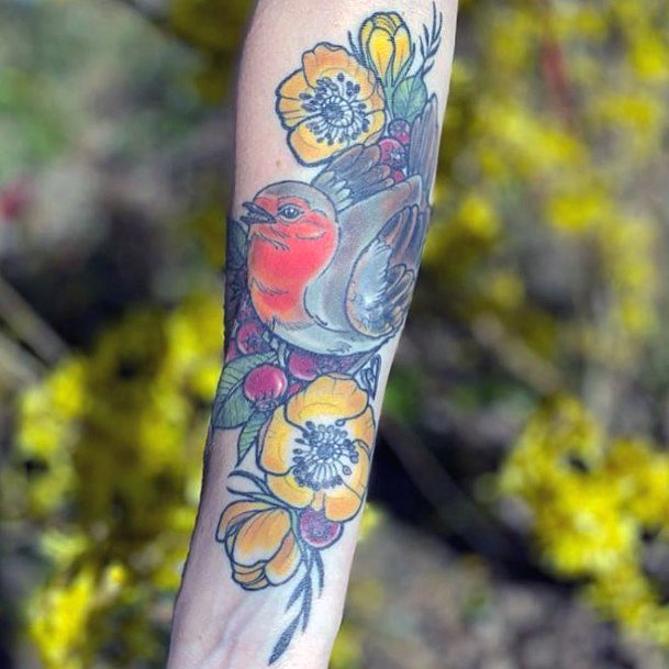 Yellow Flowers And Bird Tattoo Womens Hands