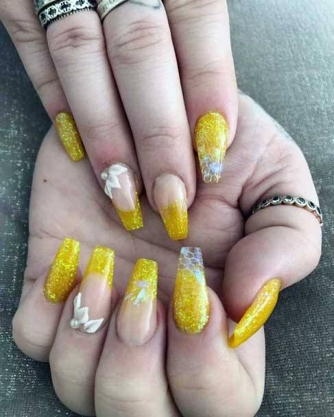 Yellow Glitter Nails Women