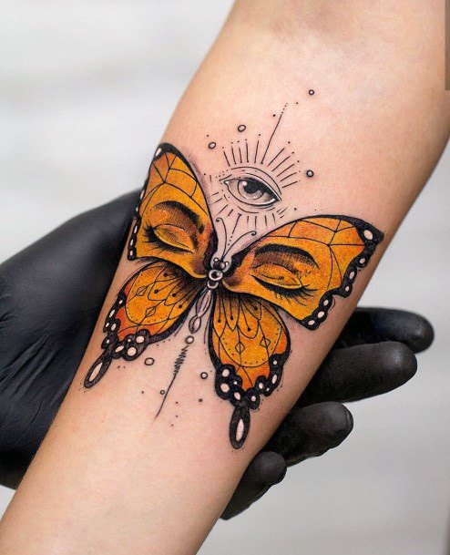 Yellow Monarch Butterfly And Eye Tattoo Womens Arms