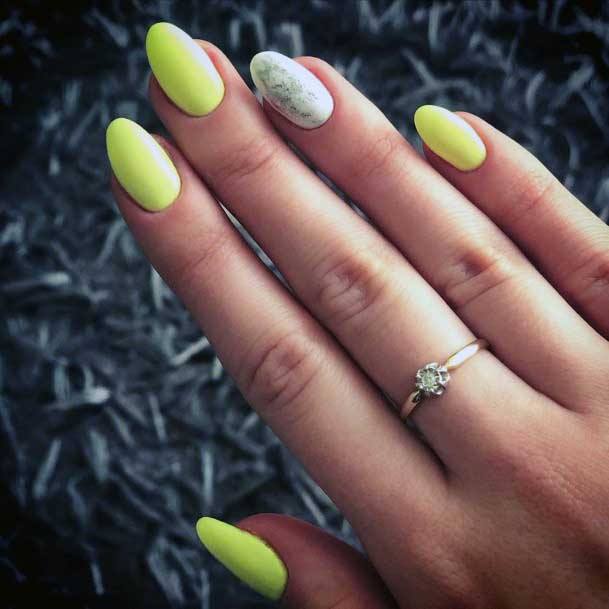 Yellow Nails With Ivory Marble Accent Women