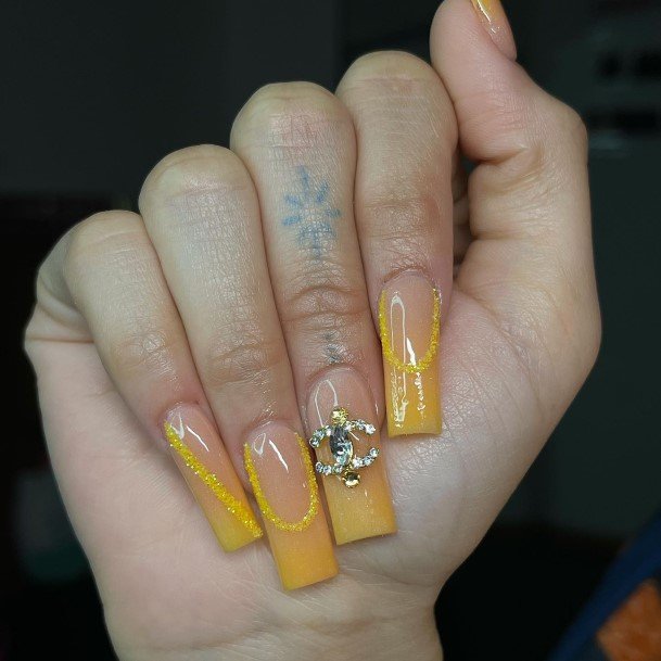 Yellow With Diamonds Womens Nail Designs