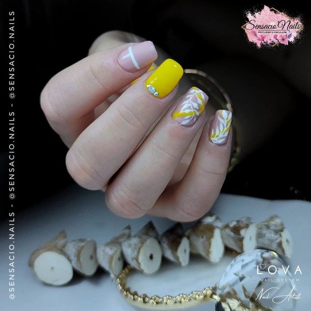 Yellow With Diamonds Womens Nails