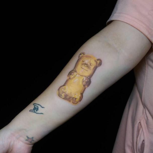 Yellow Womens Tattoo Ideas With Gummy Bear Design Forearm