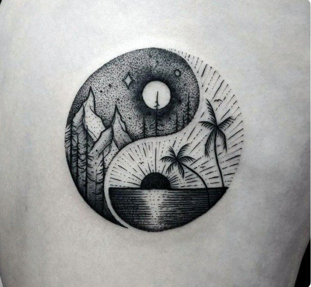 Yin Yang Mountains And Sunrise Wave Tattoo Women