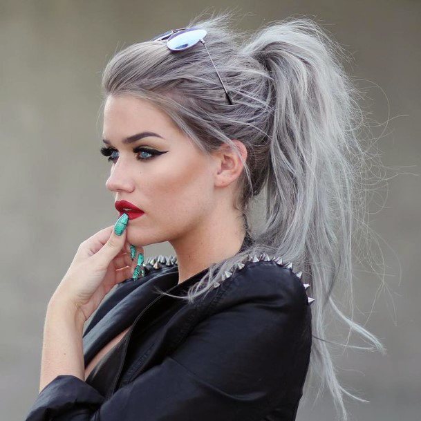 Young Mature Woman Grey Adventurous Long Pony Tail Hair Design