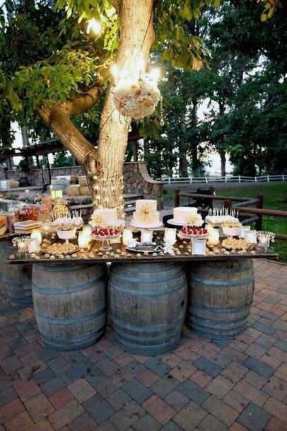 Yummy Snack Food Barrel Table Outdoor Ideas For Weddings